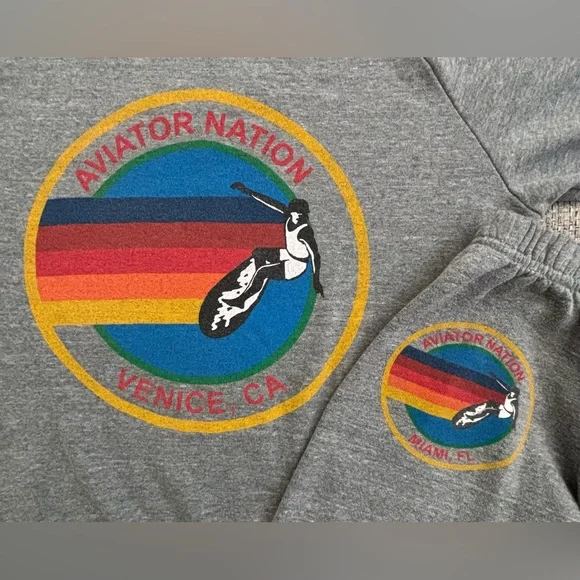 Aviator Nation 🌈 Grey Venice Logo Sweatshirt & Miami Logo Sweatpants Size Small - Picture 3 of 13